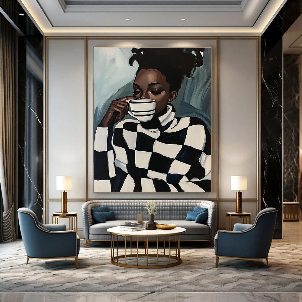 Stylish Woman with Checkered Sweater Abstract Painting GAB0038