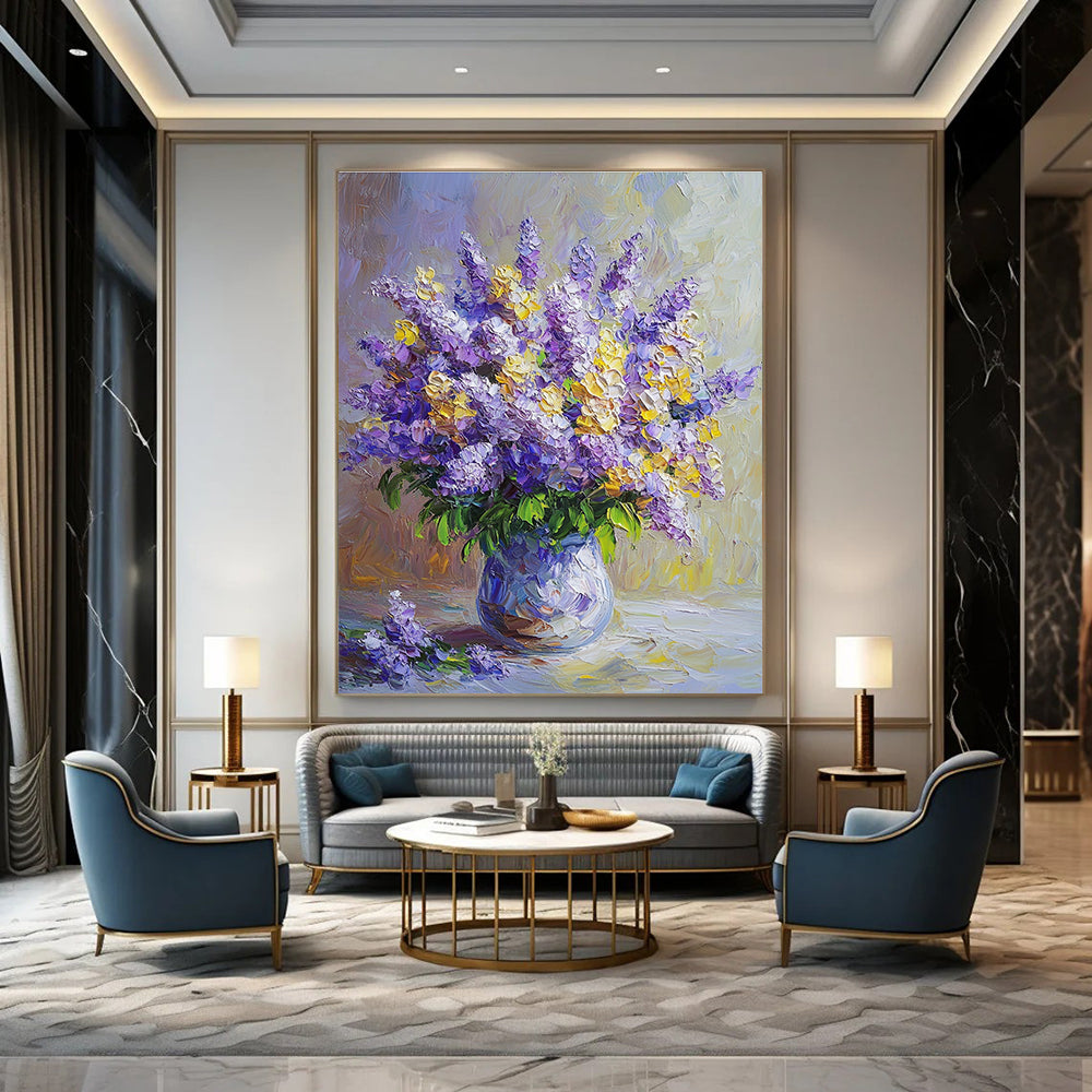 Purple and Yellow Flower Vase Painting of Elegant Floral Harmony GAB0162