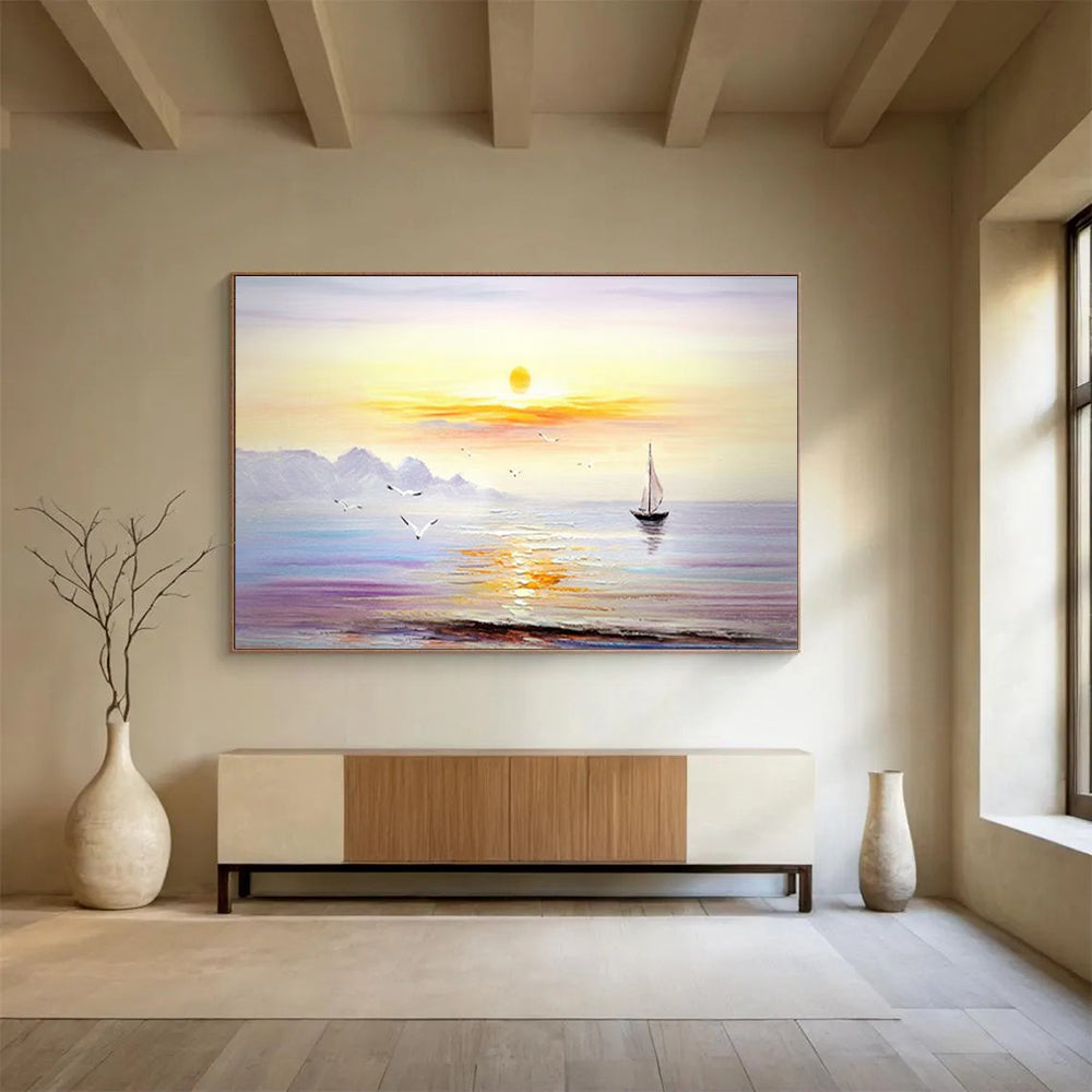 Serene Seaside Sunset Painting for Coastal Bedrooms YHT181