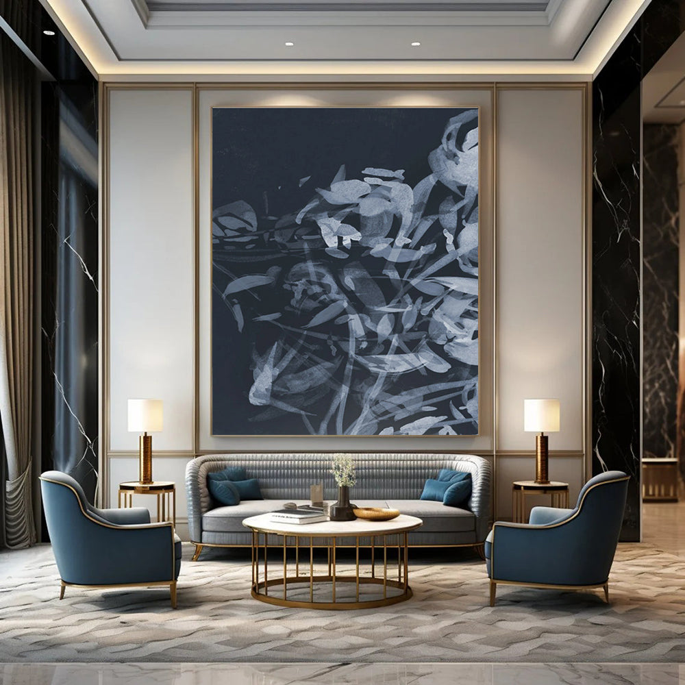 Elegant Monochromatic Floral Silhouette Abstract Painting for Sophisticated Spaces HENG240