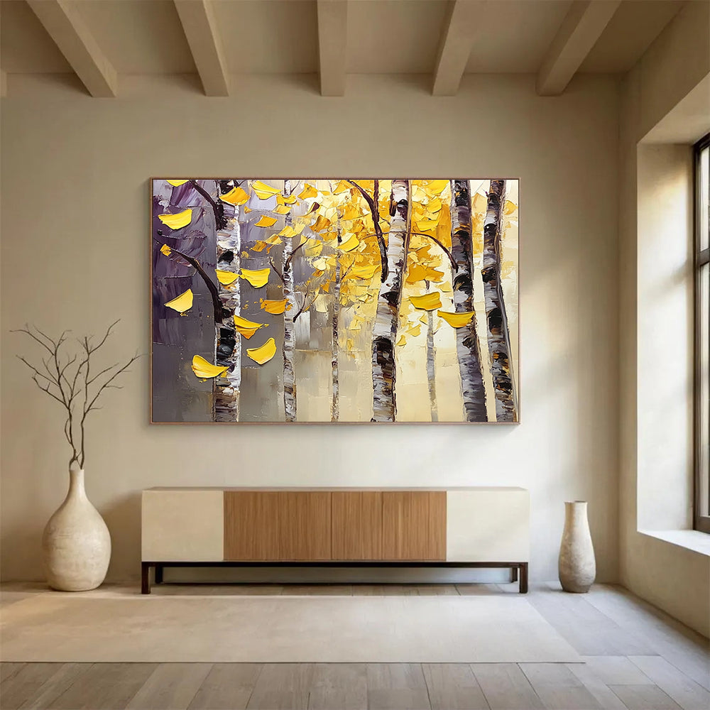 Textured Autumn Birch Trees Painting with Lush Golden Hues ABS565
