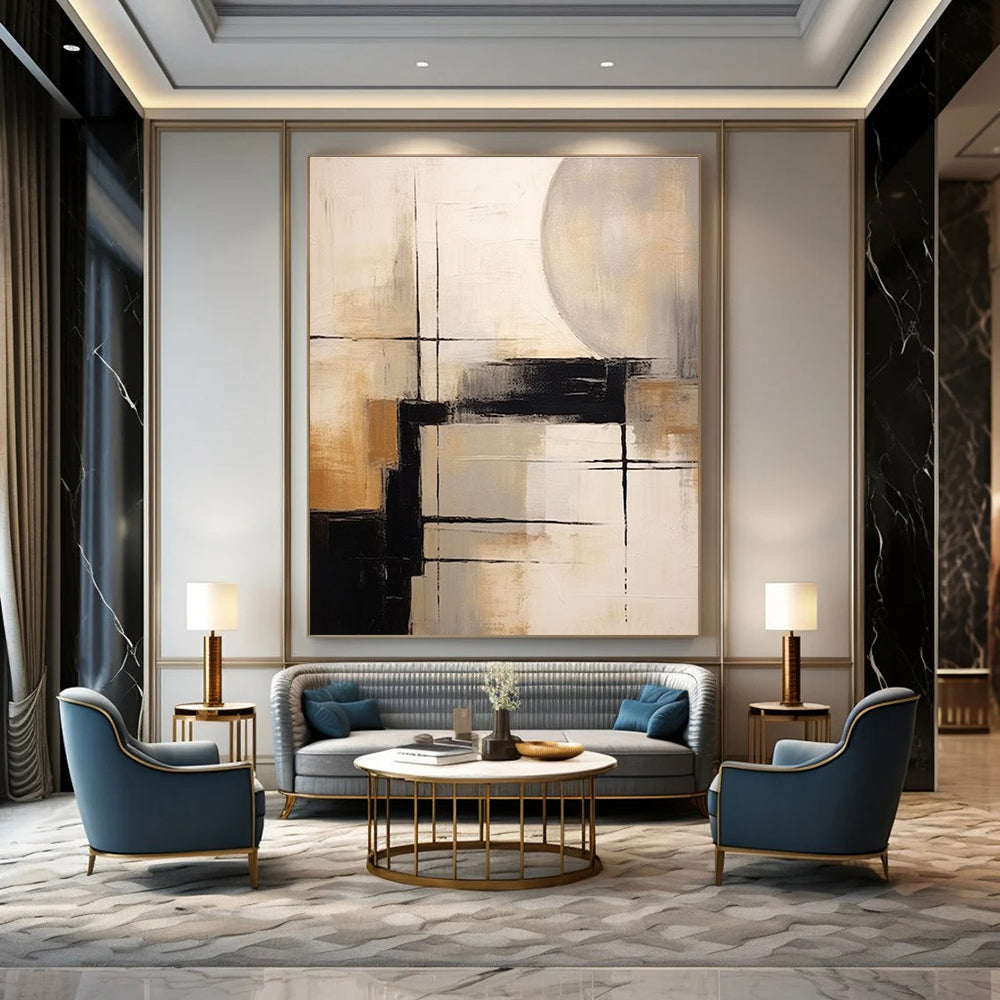 Geometric Abstract in Neutral Tones Abstract Painting for Sophisticated Dining Areas HENG356