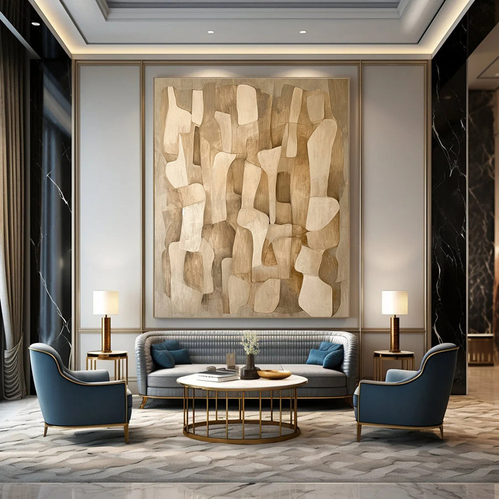 Beige Abstract Shapes Abstract Painting for Minimalist Living Rooms HENG021