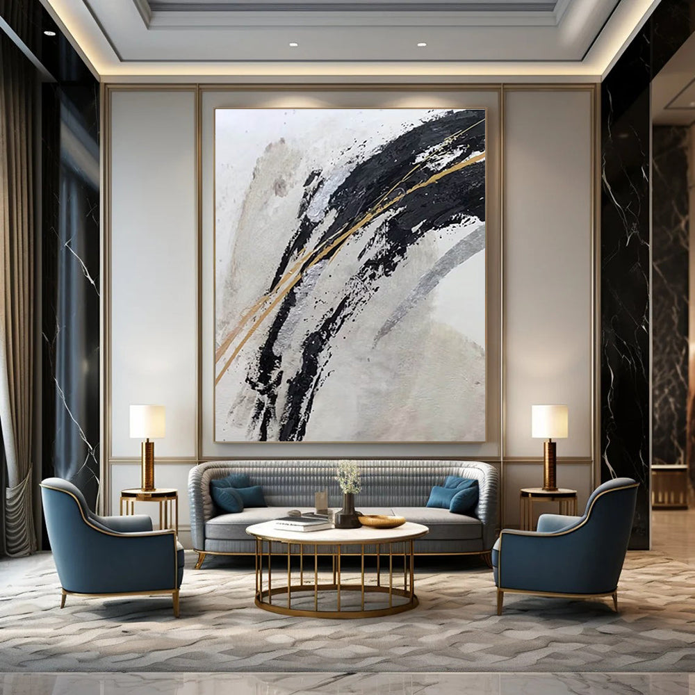 Luxurious Black - Gold Abstract Strokes Painting for Opulent Spaces HENG249