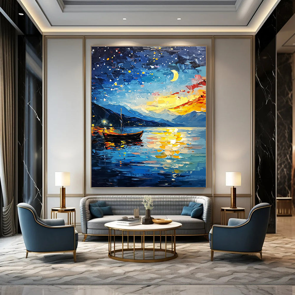 Moonlit Lake with Boat Enchanting Landscape Abstract Painting GAB0283