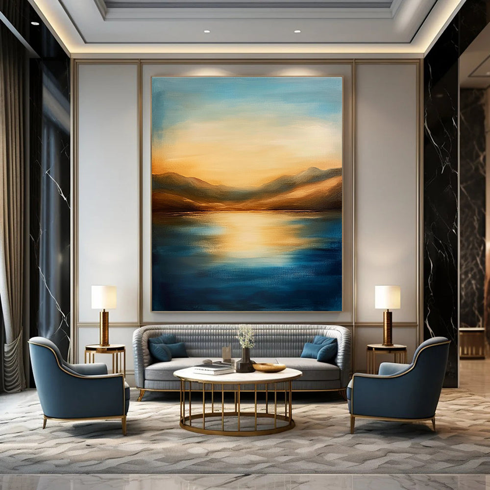 Golden Lake and Mountains - Majestic Landscape Abstract Art GAB0528