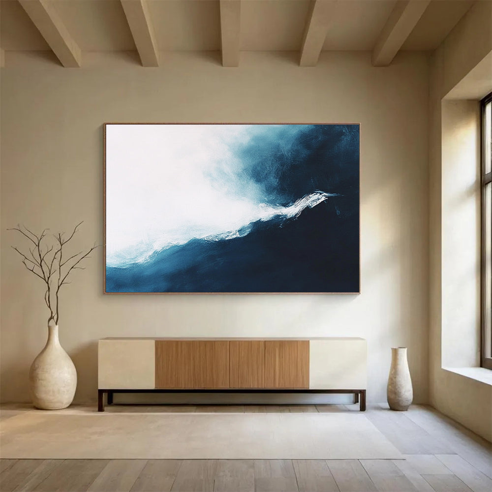 Dynamic Blue - White Wave with Textured Movement Abstract Painting ABS338