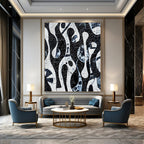 Black and White Flowing Forms Abstract Painting with Intricate Textures GAB0057