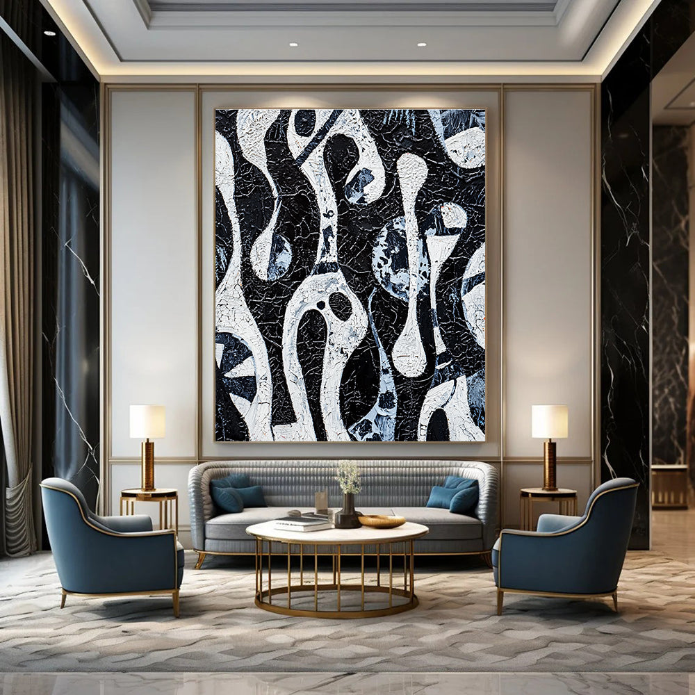 Black and White Flowing Forms Abstract Painting with Intricate Textures GAB0057