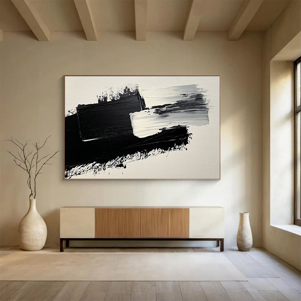 Black and White Textured Strokes Abstract Painting with Bold Minimalism ABS572