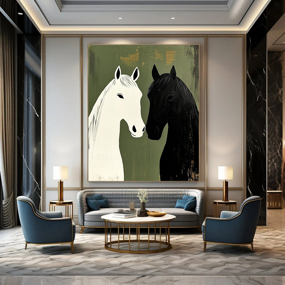Black and White Horses Minimalist Abstract Painting for Nature - Inspired Spaces GAB1500
