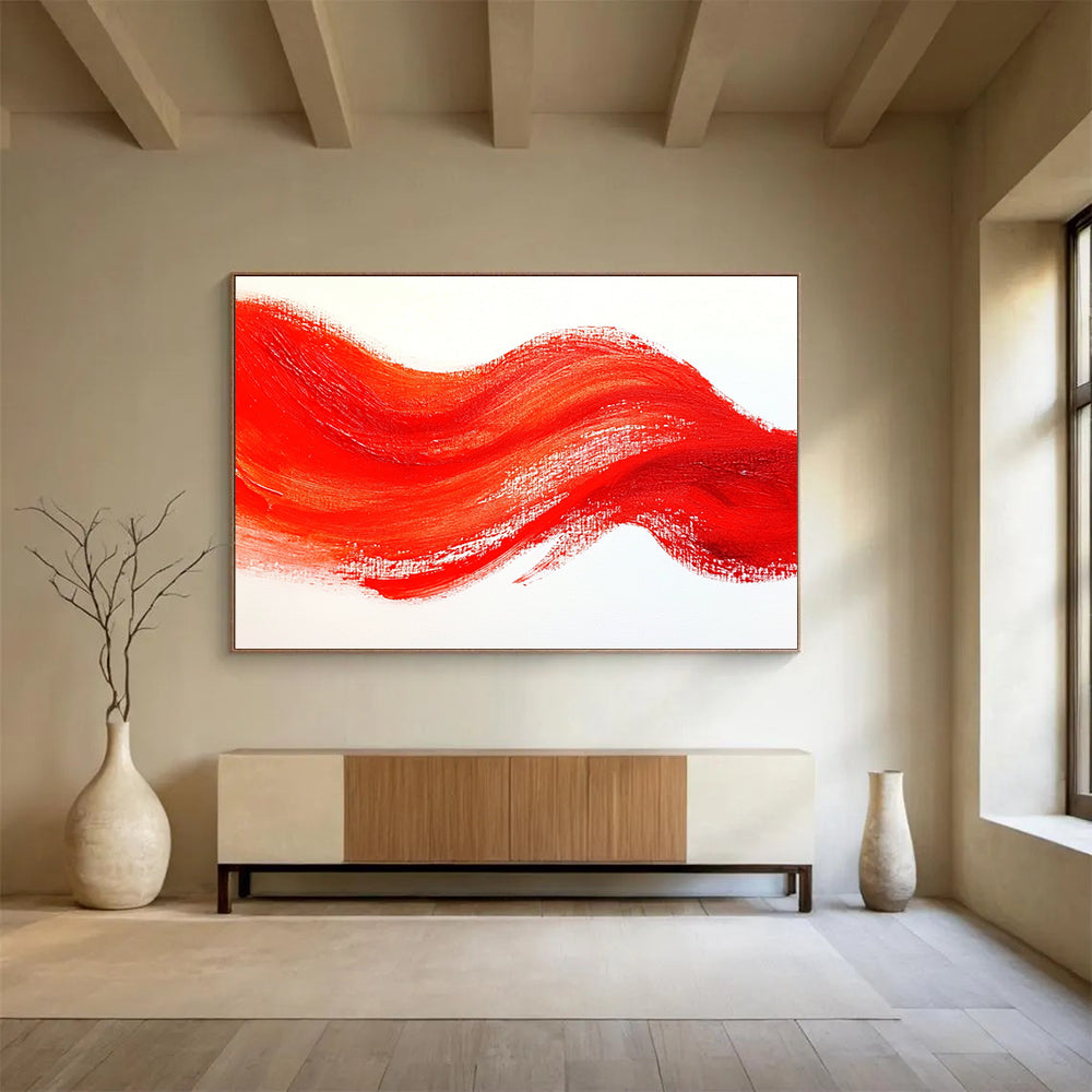 Red Wavy Line on White Abstract Painting with Bold Simplicity ABS606