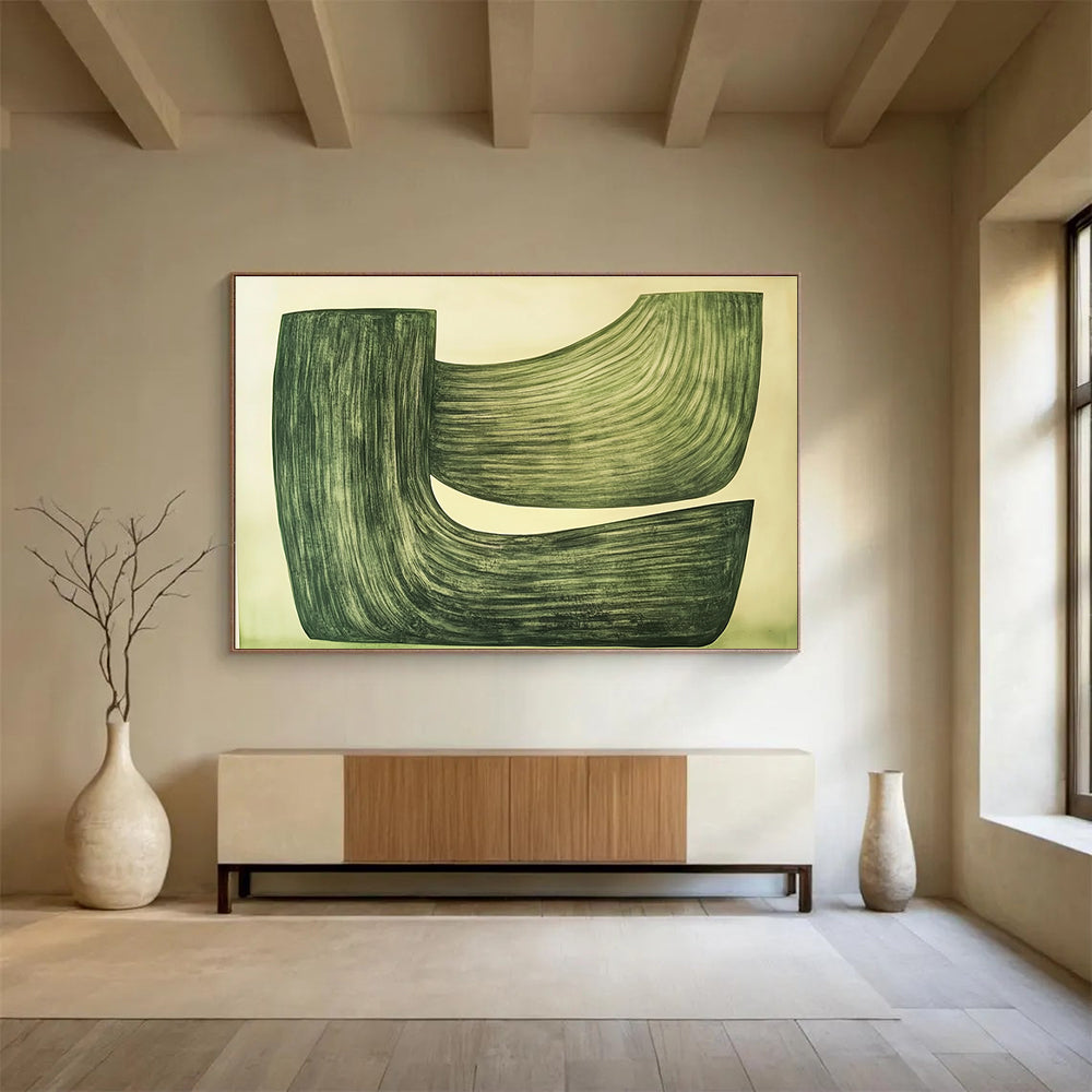Green Curved Shapes Abstract Painting with Subtle Movement ABS611