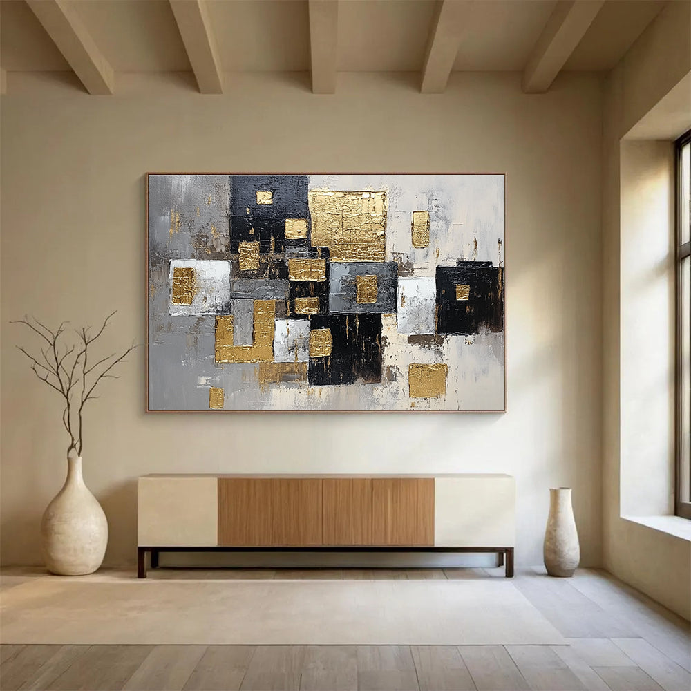 Gold - Accented Geometric Abstract Painting with Modern, Structured Beauty ABS476