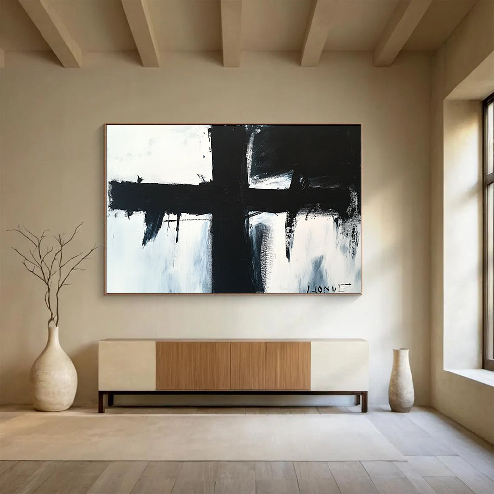 Bold Black Cross: Stark Contrast and Dramatic Impact Abstract Painting ABS179
