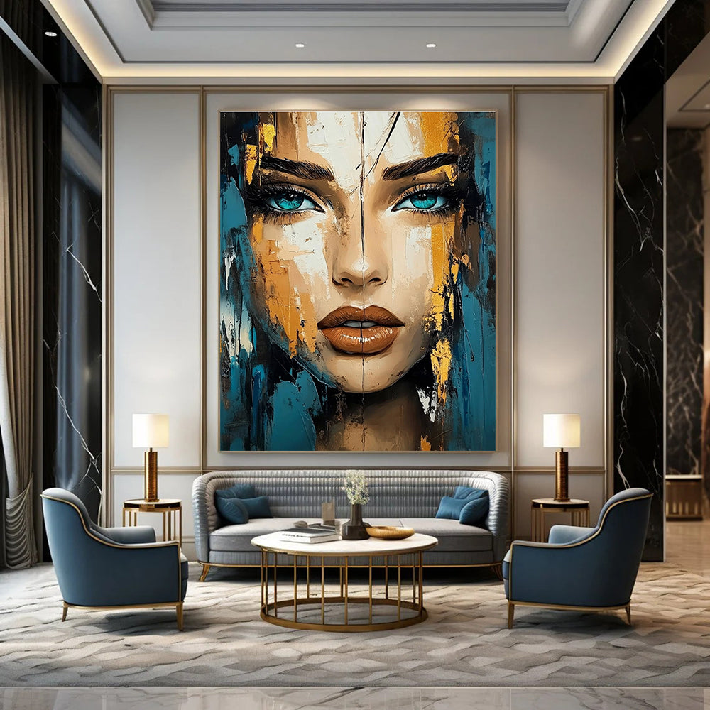 Blue - Gold Contrast Portrait Abstract Painting: Expressive Textures & Personality GAB0951
