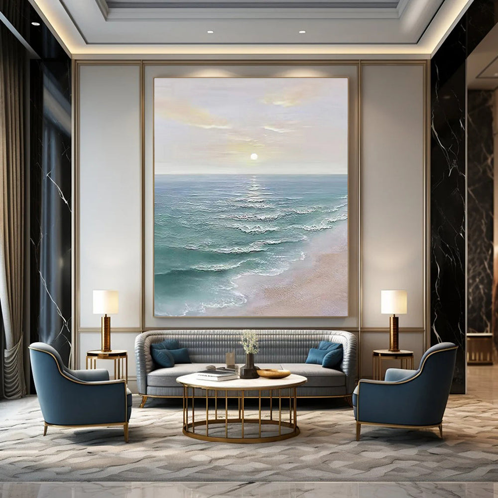 Coastal Sunset with Calm Waves Abstract Painting for Seaside - Themed Living Rooms HENG350