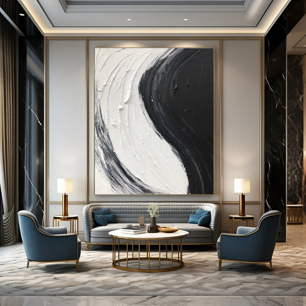Black - White Textured Stripe Art Abstract Painting for Monochrome Dining Rooms HENG376