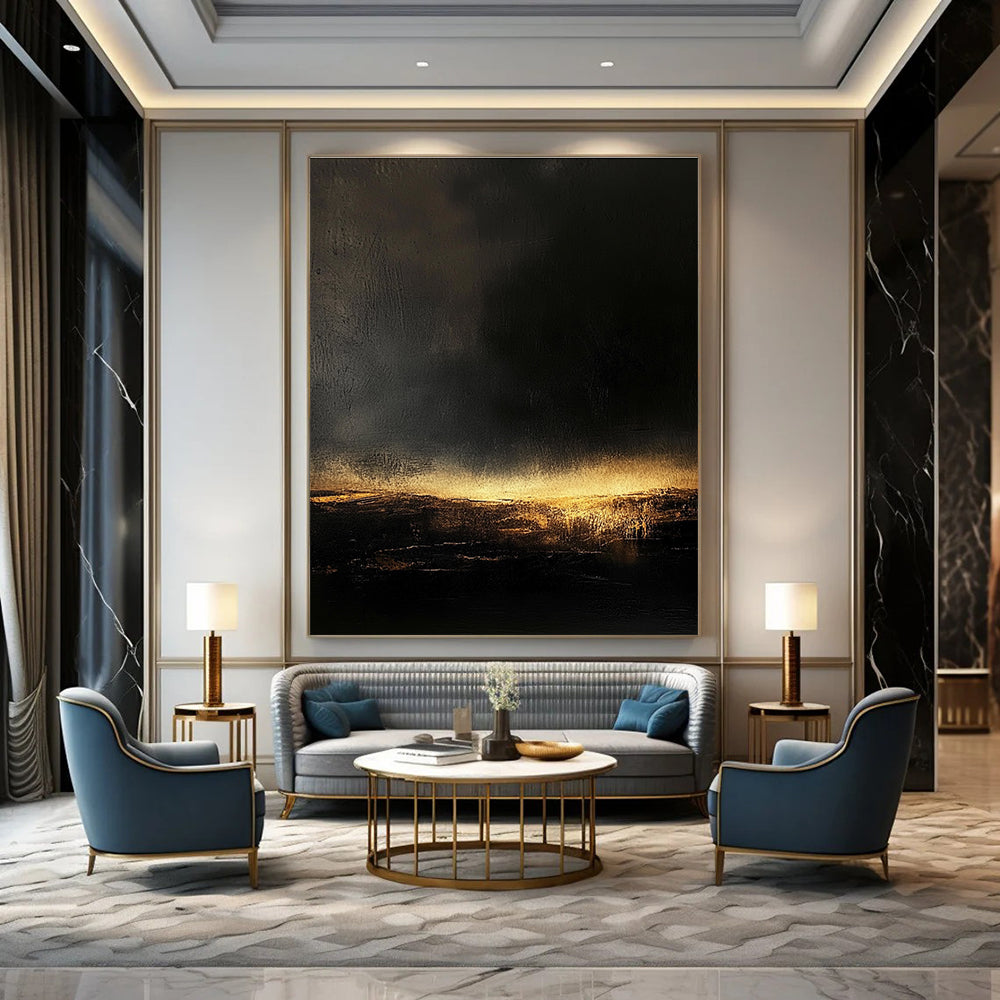 Dark Landscape with Golden Light Abstract Painting of Mysterious Dusk GAB0110