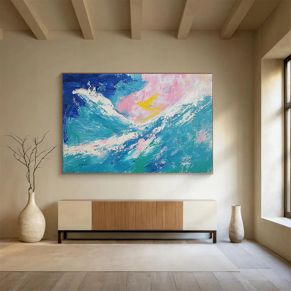 Yellow Bird over Waves Abstract Painting with Dreamy, Symbolic Elements ABS522