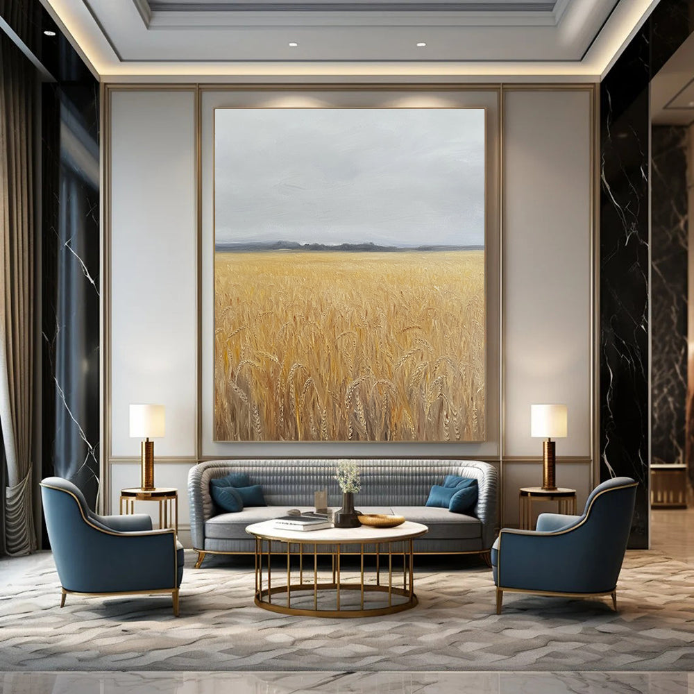 Golden Wheat Field Landscape Abstract Painting of Harvest Serenity GAB0170