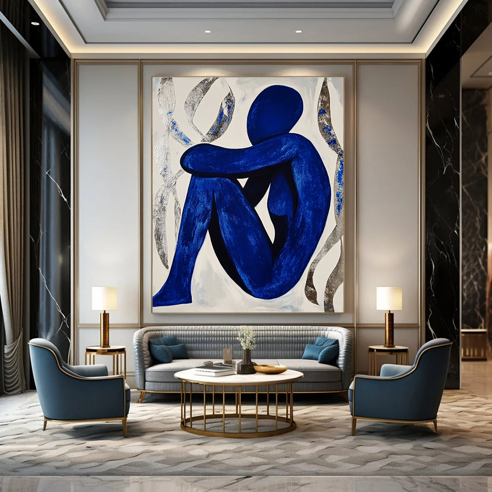 Blue Figure in Contemplation Abstract Painting with Silver Accents GAB0041