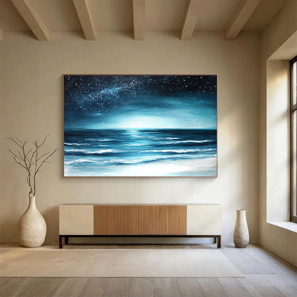 Starry Night Ocean View Painting with Serene Dreamy Ambiance ABS554