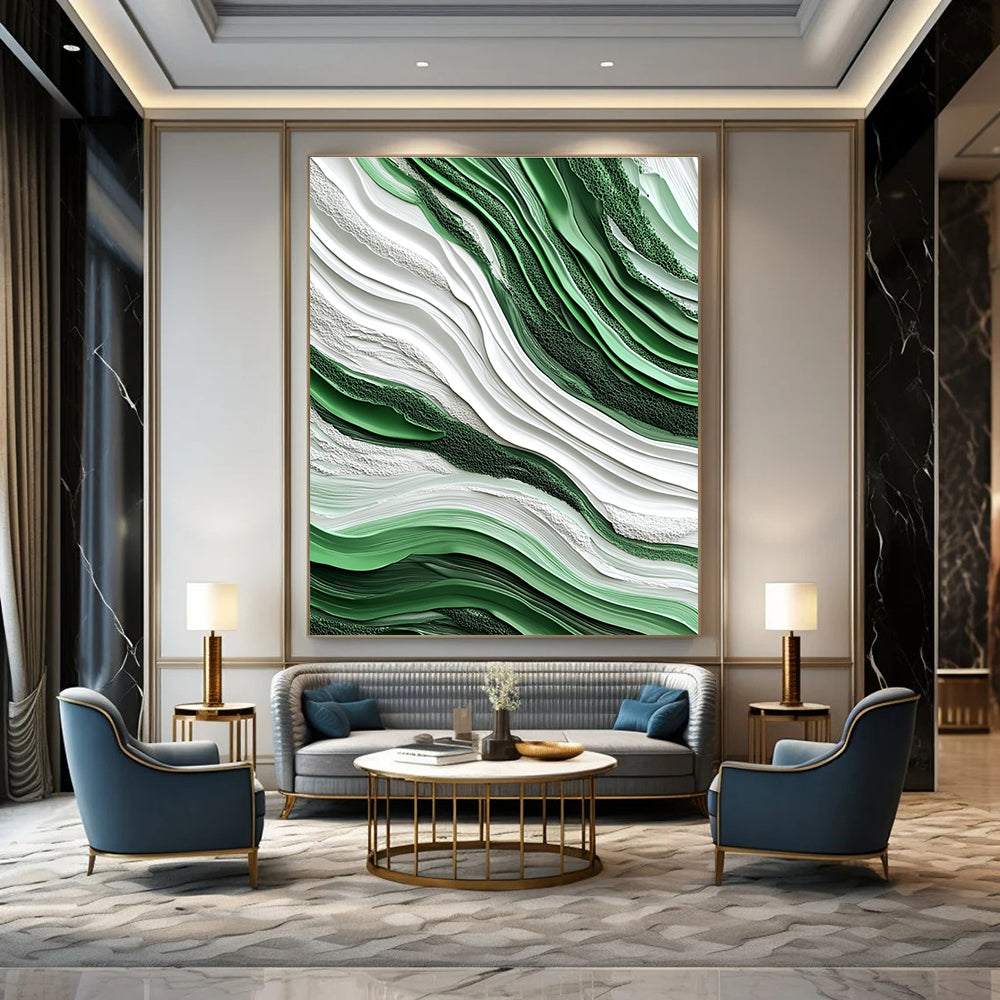 Green and White Wave - Shaped Abstract Painting for Nature - Lover’s Bedrooms GAB0921