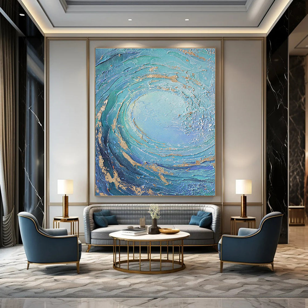 Textured Blue and Gold Vortex Abstract Painting for Luxurious Interiors HENG332