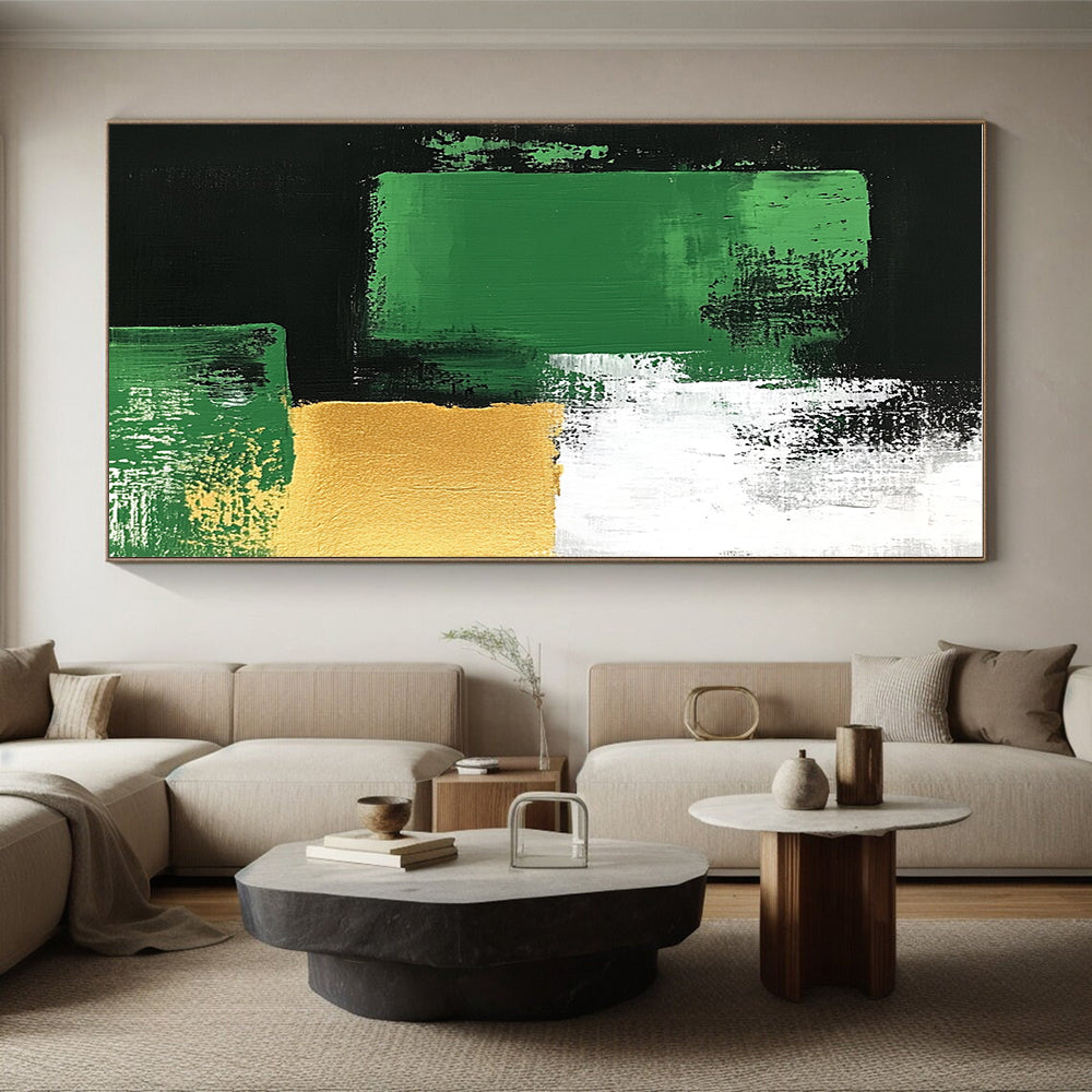 Green Gold Black Abstract Painting with Bold Geometry WINK678