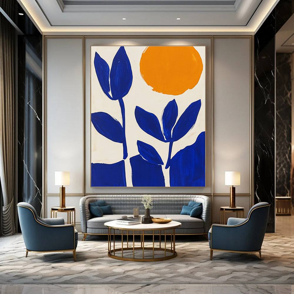 Blue Flowers and Orange Sun Abstract Painting for Cheerful Kitchens GAB1374