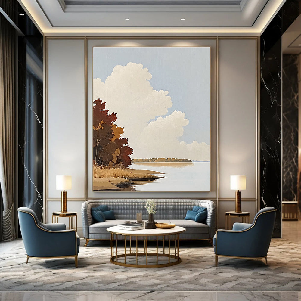 Serene Lake and Clouds Abstract Painting of Calm Nature GAB0155