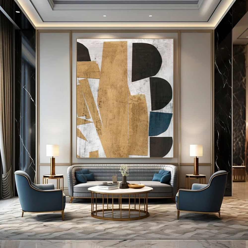 Geometric Gold - Black Abstract Painting for Luxury Home Entrances HENG216