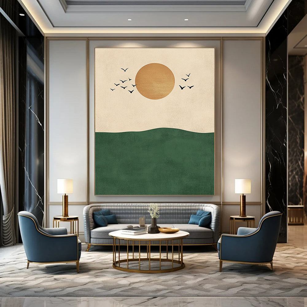 Sun Birds and Green Hill Abstract Painting for Nature - Inspired Living Rooms GAB1380