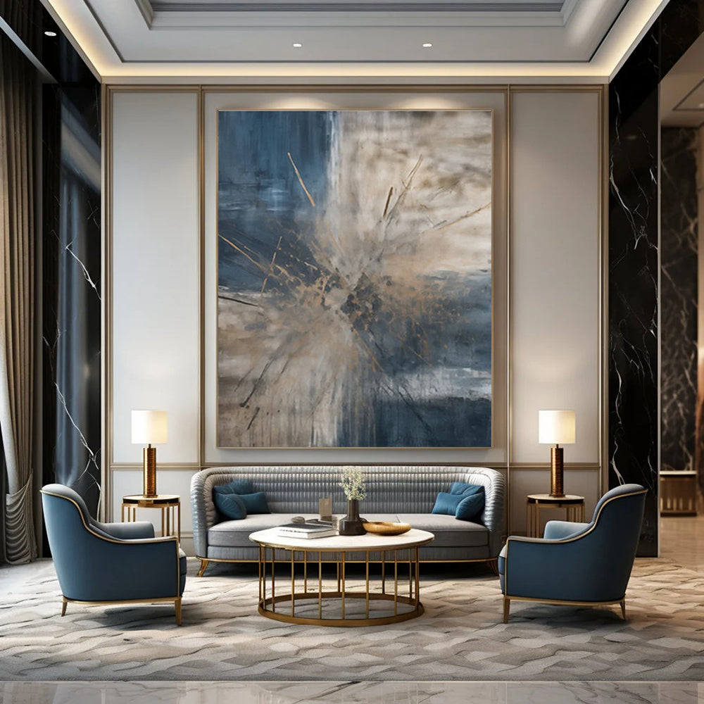 Blue - Gray - Brown Abstract Burst Painting for Contemporary Art Galleries HENG119