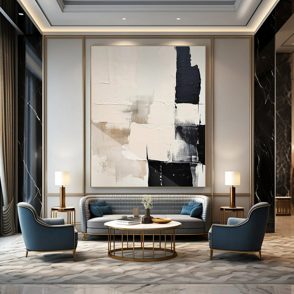 Contemporary Black and White Blocks Abstract Painting for Urban Loft Apartments HENG056