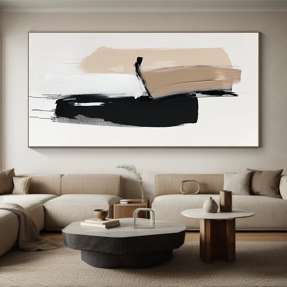 Beige Black White Abstract Painting with Minimalist Forms WINK632
