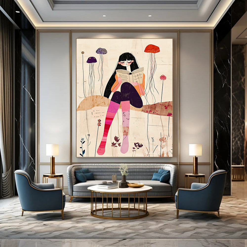 Girl Reading with Jellyfish - Serene Narrative Illustration GAB0398