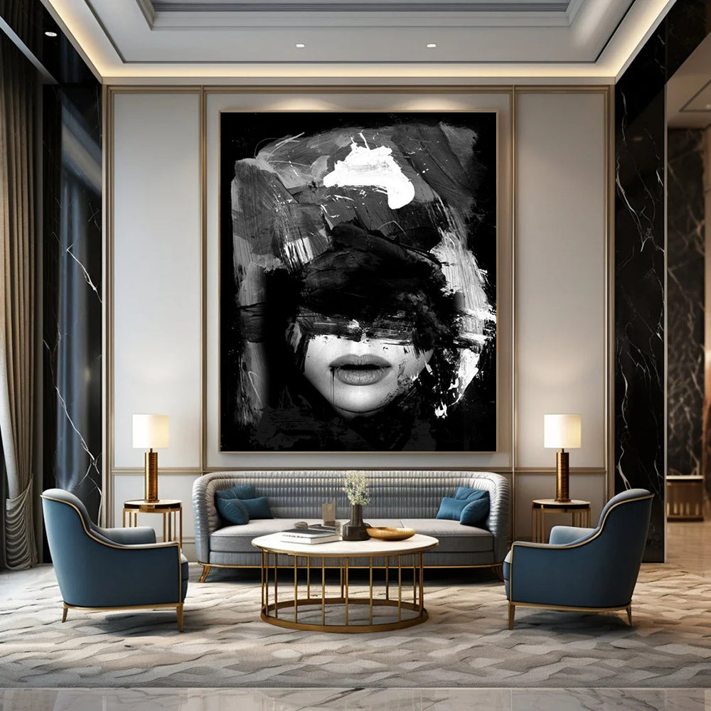 Evocative Black - White Abstract Portrait Painting for Contemporary Galleries HENG232