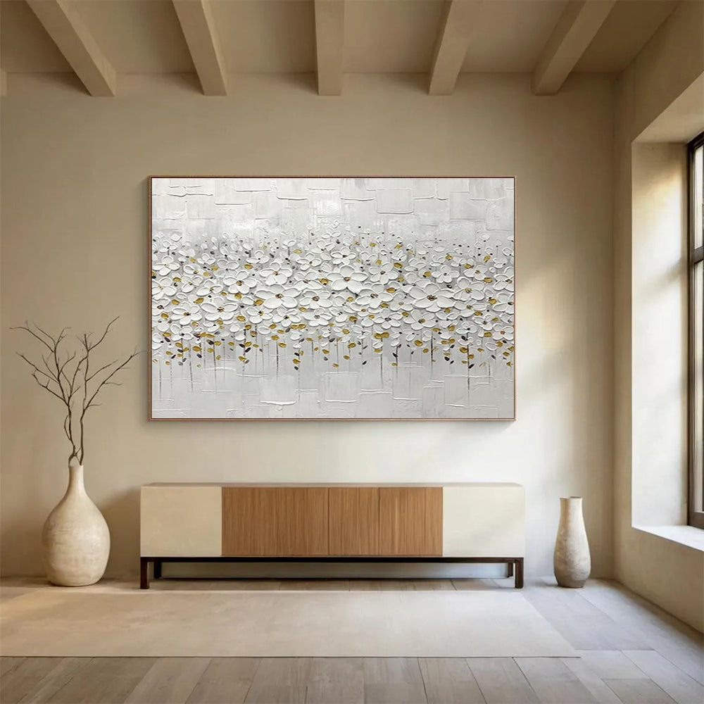 White Flower Field Abstract Painting for Minimalist Bedroom Retreats YHT214