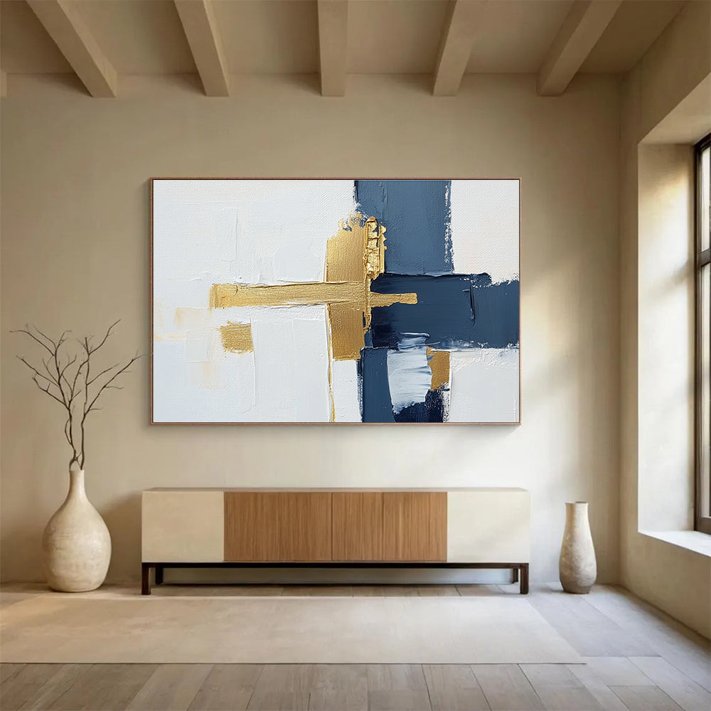 Blue and Gold Cross Abstract Painting with Minimalist Elegance ABS426