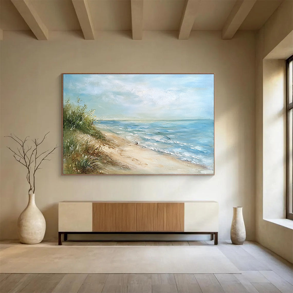 Serene Beach with Dunes Painting with Gentle Coastal Vibes ABS569