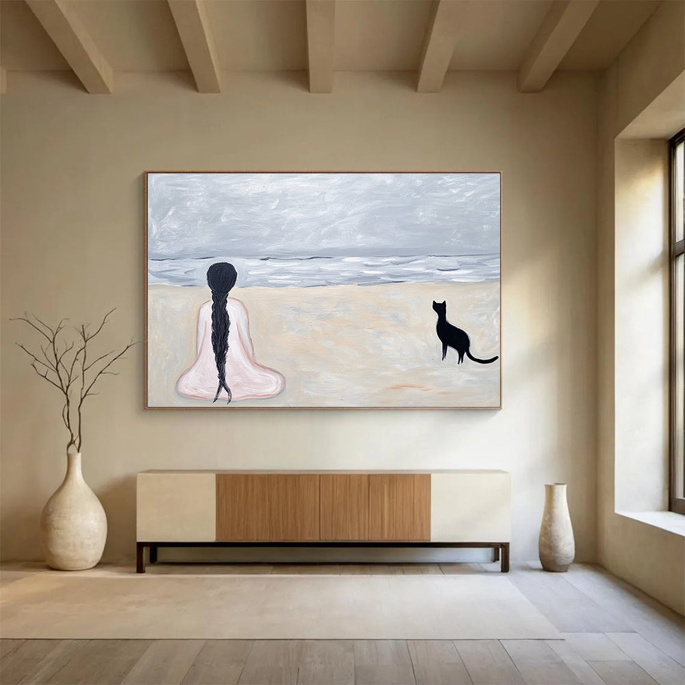 Woman and Cat on the Beach  A Moment of Solitude ABS060