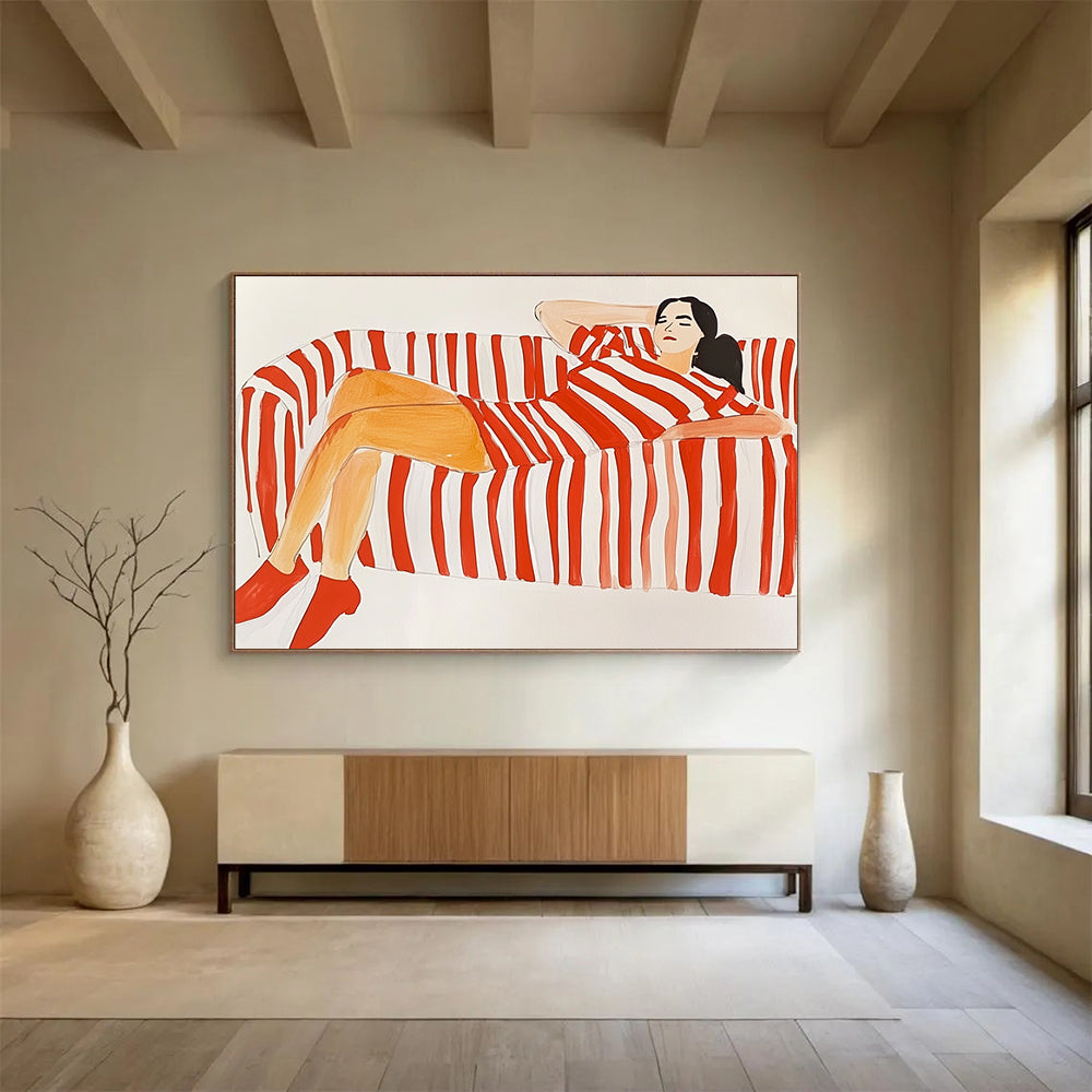 Figure on Striped Sofa in Red and White ABS089