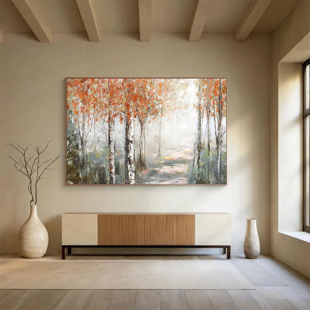 Autumn Birch Forest Abstract Painting for Cozy Reading Nooks YHT222