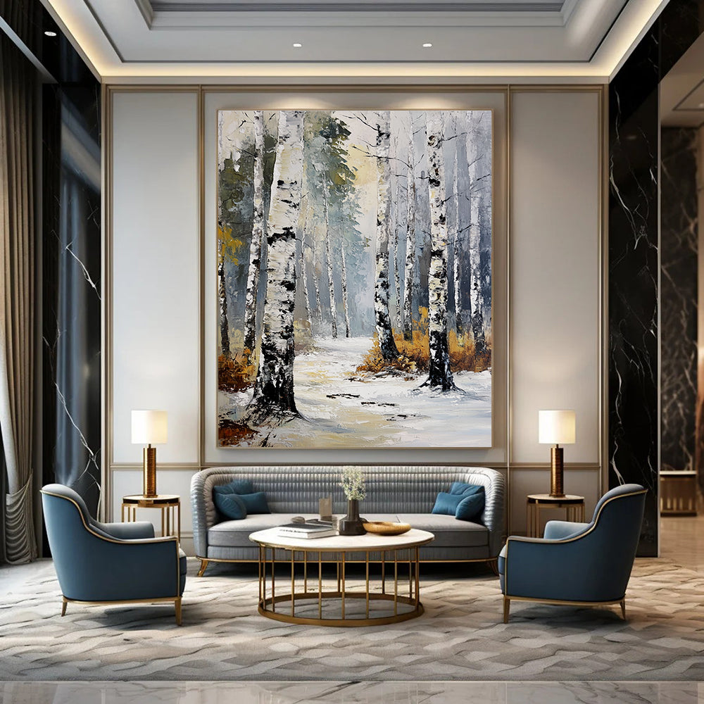 Winter Birch Forest Abstract Painting for Cozy Cabin Living Rooms GAB1310