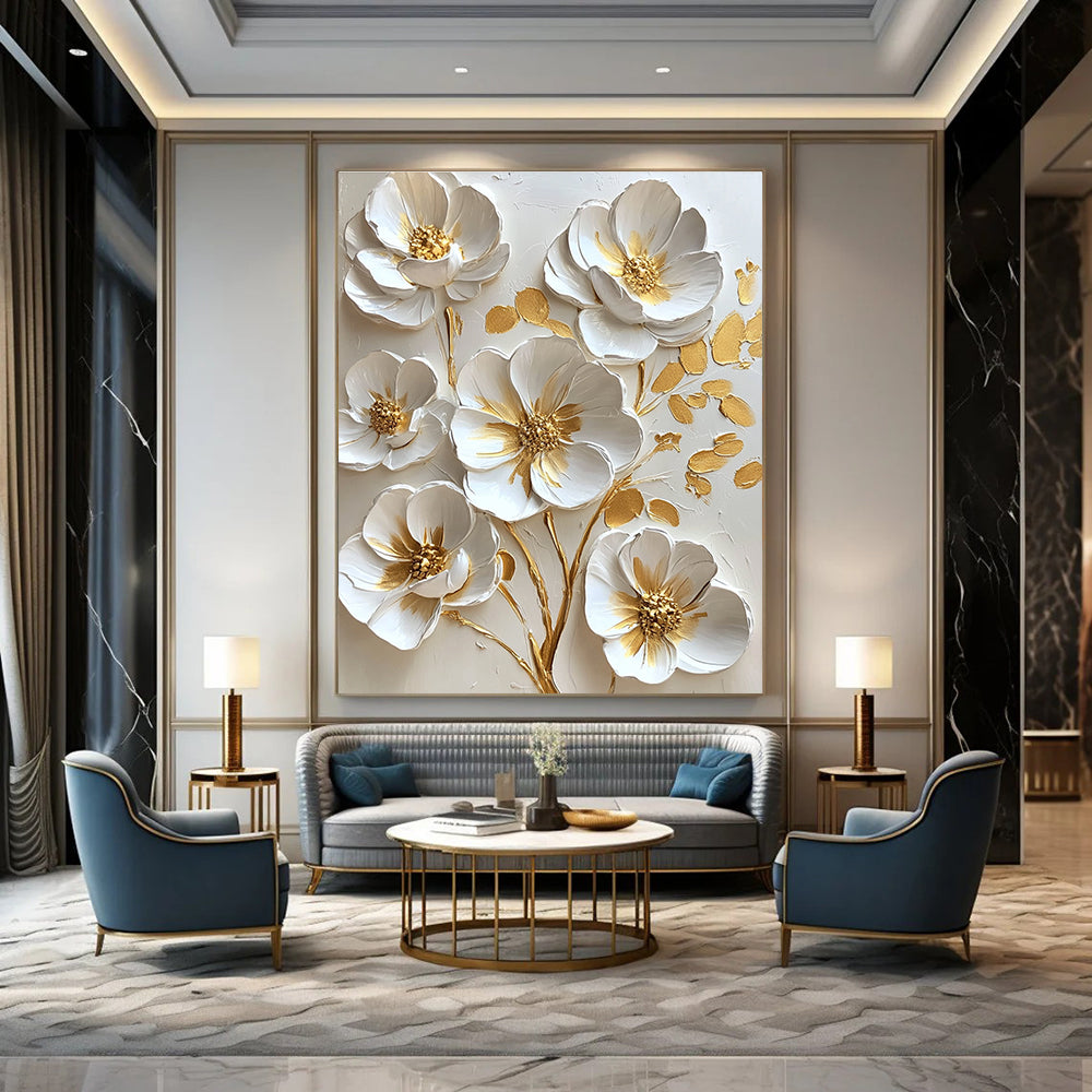 3D White and Gold Flowers Opulent Abstract Painting for Lavish Interiors GAB1529