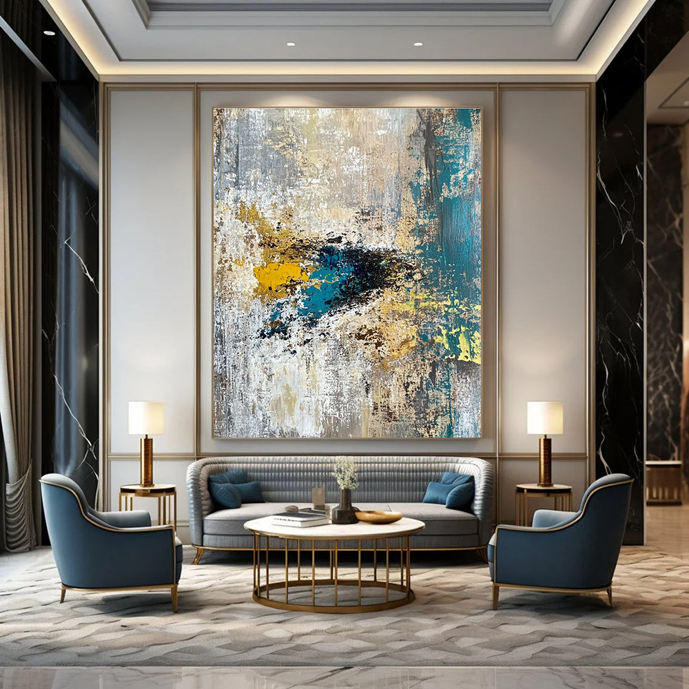 Gold and Teal Textured Abstract Painting for Art Deco - Inspired Lounges GAB0912