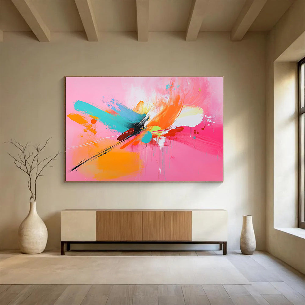 Pink - based Color Burst with Dynamic Brushstrokes Abstract Painting ABS381