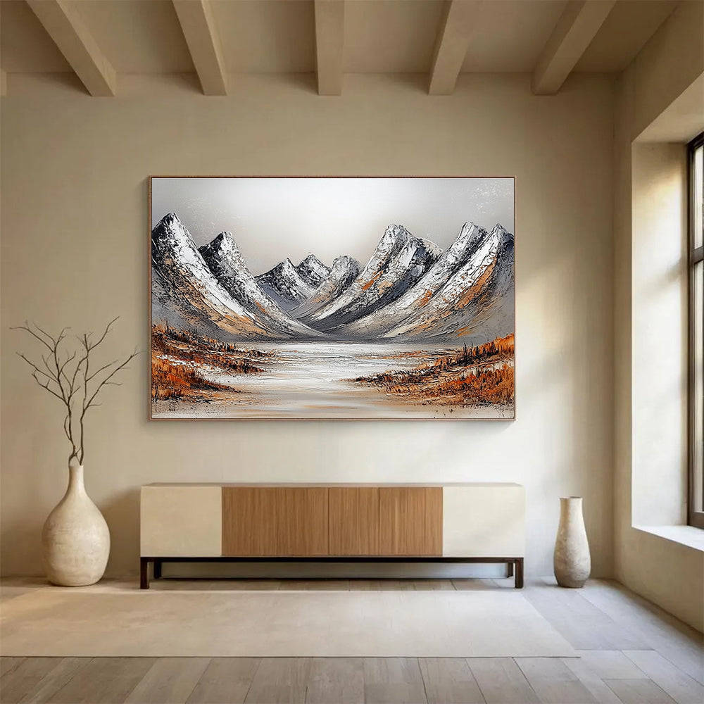 Snowy Mountains with Lake Abstract Painting with Frosty Serenity ABS608